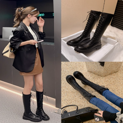 真皮长筒靴女内增高2024新款秋冬骑士靴小个子厚底显瘦系带高筒靴